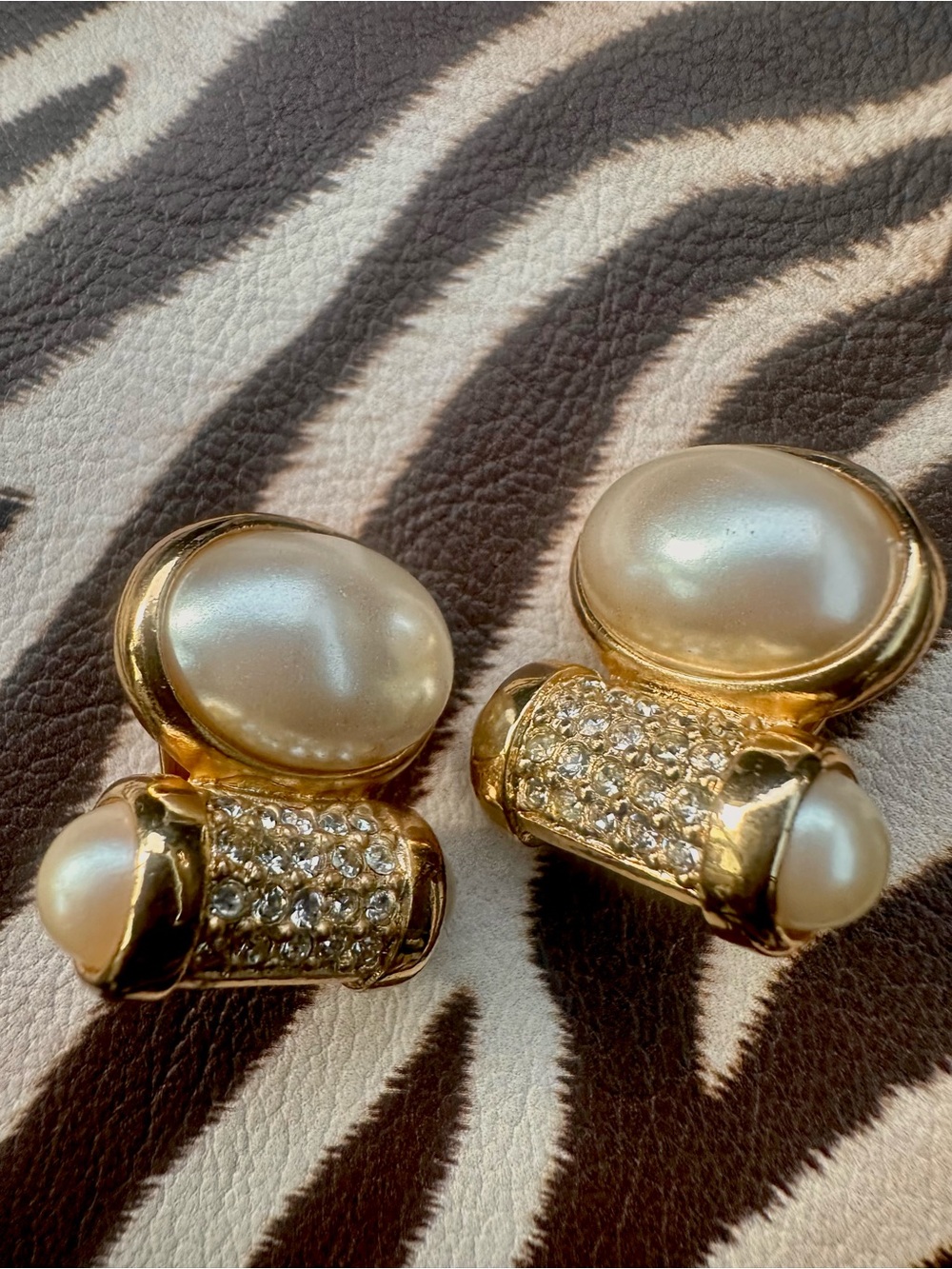 Gold Pearl & Crystal Clip-On Earrings - Elegant Faux Pearl Accent - Picture 2 of 2